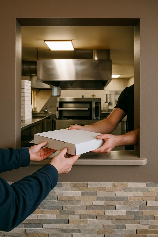 Une boîte blanche Pizza N'Co passée au passe-plat de la cuisine