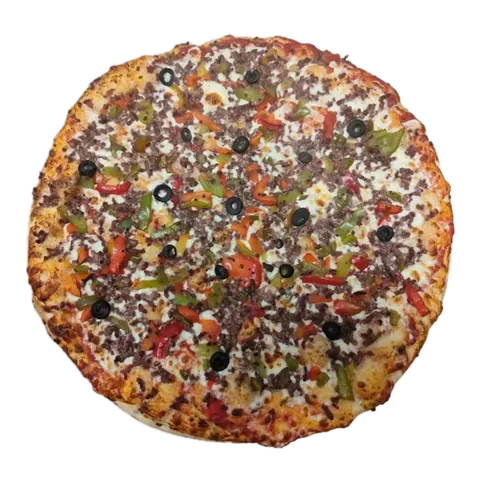 Mexicaine, vue d'en haut : sauce tomate, poivrons, piments, bœuf haché, olives