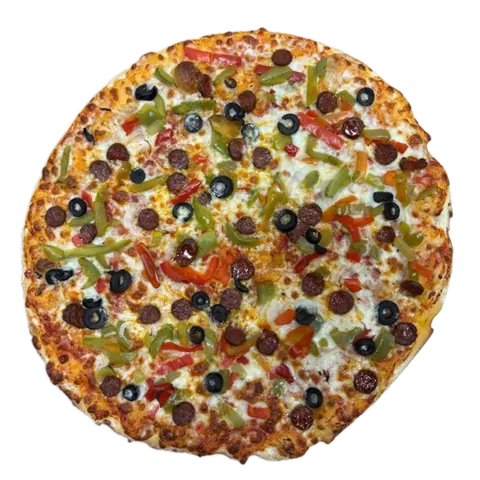 Orientale, vue d'en haut : sauce tomate, mozzarella, oignons, merguez, poivrons, olives