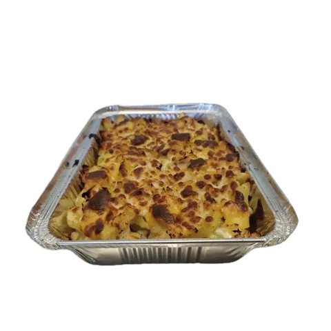Pastas poulet curry cheddar, vue d'en haut : pâtes gratinées, poulet au curry, cheddar