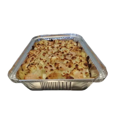 Pastas saumon chèvre, vue d'en haut : pâtes gratinées, saumon, chèvre