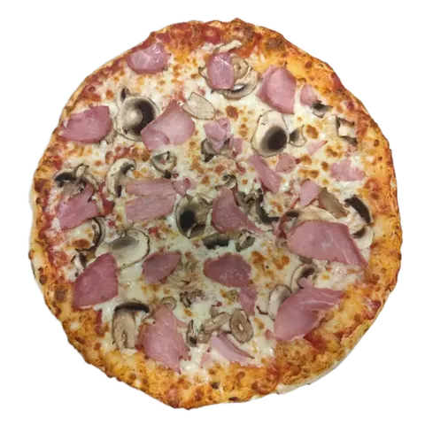 Regina, vue d'en haut : sauce tomate, mozzarella, champignons, jambon