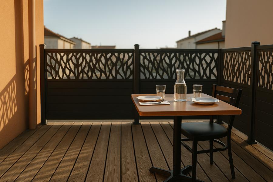 La terrasse en planches, derrière sa clôture