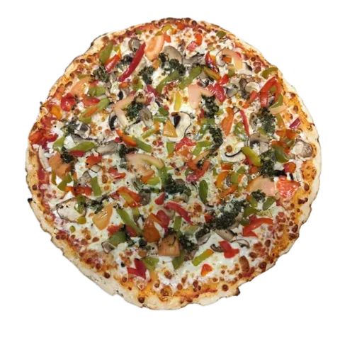 Végétarienne, vue d'en haut : sauce tomate, champignons, oignons, poivrons, tomates fraîches