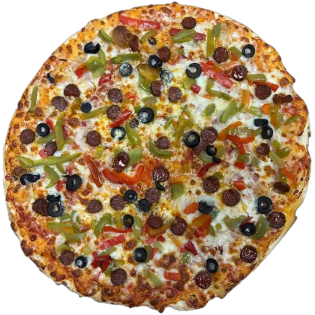Une pizza Orientale de Pizza N'Co vue de dessus : merguez, poivrons, olives